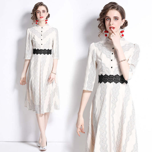 Apricot Lace Embroidery 7-Point Sleeve Dress