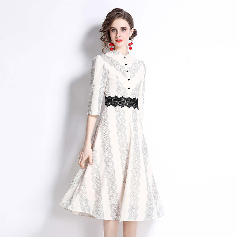 Apricot Lace Embroidery 7-Point Sleeve Dress
