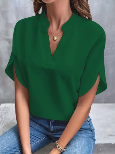 Summer New V-neck Shirt Women's Pure Color Casual Versatile Short-sleeved Shirt - Vogue Dash